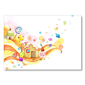 Lolipoplu Şekerli Meyveli Ev Çizim Mdf Ahşap Tablo 25x35 cm