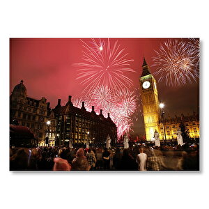 Londra Big Ben Yılbaşı Havai Fişekler Mdf Ahşap Tablo 50x70 cm