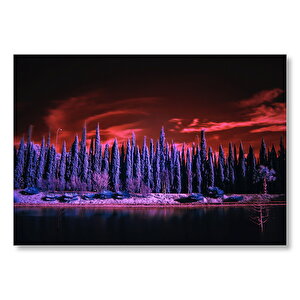 Kızıl Gökler, Göl Ve Karlı Mor Ağaçlar Mdf Ahşap Tablo 50x70 cm