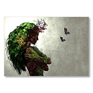 Kız Yapraklar Kelebekler Çiçekler Çift Pozlama Mdf Ahşap Tablo 25x35 cm