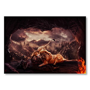Aslanların Mağarada Dövüşü Mdf Ahşap Tablo 50x70 cm