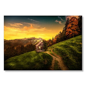 İsviçre Orman Manzaralı Dağ Evi Mdf Ahşap Tablo 25x35 cm