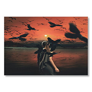 Günbatımı Kız Ve Kargalar Mdf Ahşap Tablo 50x70 cm