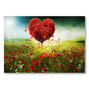 Aşk Kalp Ağaç Çiçekler İlkbahar Mdf Ahşap Tablo 35x50 cm