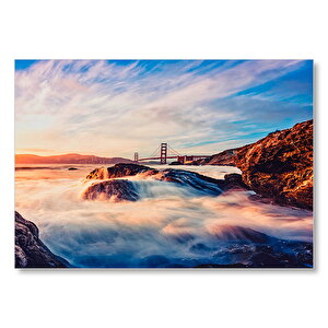 Golden Gate Köprüsü Günbatımı Uzun Pozlama Mdf Ahşap Tablo 35x50 cm