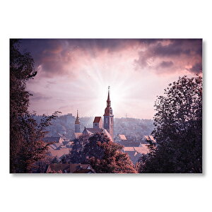 Gökyüzü Güneş Işınları Ve Kilise Mdf Ahşap Tablo 35x50 cm