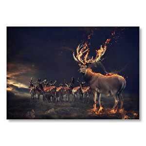 Gece Ve Geyikler İllüstrasyon Mdf Ahşap Tablo 25x35 cm