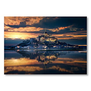 Fransa Mont Saint Michel Kalesi Ve Günbatımı Mdf Ahşap Tablo 35x50 cm