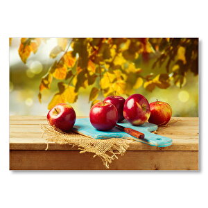 Kesme Tahtasında Kırmızı Elmalar Mdf Ahşap Tablo 25x35 cm