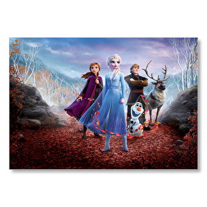 Frozen 2 Queen Elsa, Anna, Olaf, Kristoff Kızıl Yapraklar Mdf Ahşap Tablo 35x50 cm