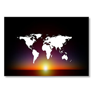 Günbatımı Ve Dünya Haritası Mdf Ahşap Tablo