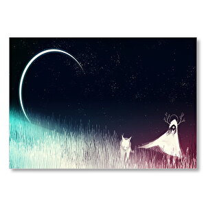 Gece, Ay, Kız Ve Tilki Mdf Ahşap Tablo 35x50 cm