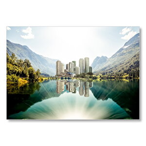 Dağ Gölünde Şehir Yansımaları Mdf Ahşap Tablo 25x35 cm