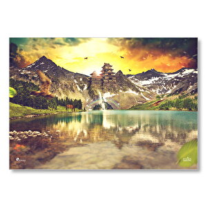 Gündoğumu Tapınak Ve Göl Manzarası Mdf Ahşap Tablo 50x70 cm