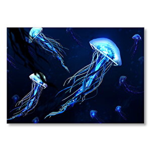 Karanlık Sular Neon Denizanaları Mdf Ahşap Tablo 35x50 cm