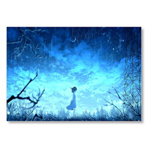 Anime Kız Gece Ve Yağmur Mdf Ahşap Tablo 35x50 cm