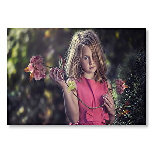 Güzel Kız Ve Pembe Çiçekler Mdf Ahşap Tablo 25x35 cm