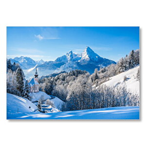 Bavyera Alpleri Karlar Ve Kilise Mdf Ahşap Tablo 50x70 cm