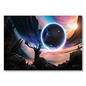 Geyik Gezegen Dağlar Fantezik Kompozisyon Mdf Ahşap Tablo 50x70 cm