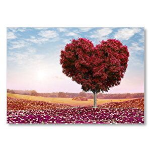 Kalp Şeklinde Ağaç Kızıl Yapraklar Mdf Ahşap Tablo 25x35 cm
