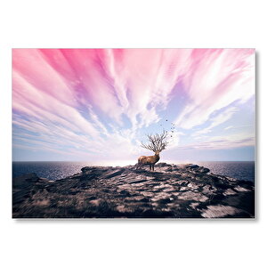 Geyik Kayalık Deniz Bulutlu Gökler Kompozisyon Mdf Ahşap Tablo 25x35 cm