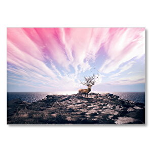 Geyik Kayalık Deniz Bulutlu Gökler Kompozisyon Mdf Ahşap Tablo 50x70 cm