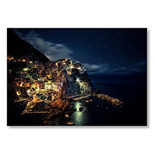 İtalya Manarola Sahil Kasabası Gece Manzarası Mdf Ahşap Tablo 25x35 cm