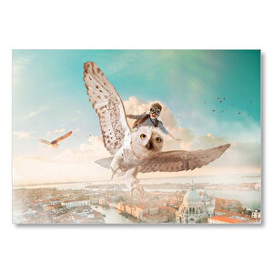Baykuşa Binen Çocuk Ve Şehir Manzarası Mdf Ahşap Tablo 35x50 cm