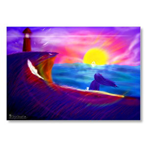 Deniz Feneri, Günbatımı, Kadın Ve Kedi Mdf Ahşap Tablo 50x70 cm