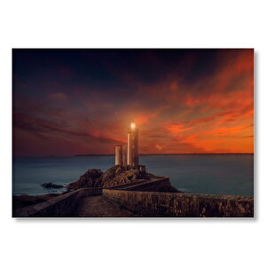 Deniz Feneri, Günbatımı Ve Kızıl Gökler Mdf Ahşap Tablo 35x50 cm
