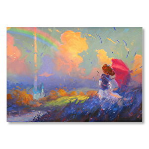 Genç Kız Ve Gökkuşağı Yağlıboya Mdf Ahşap Tablo 35x50 cm