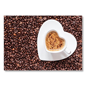 Kahve Çekirdekleri, Kalpli Fincanda Cappucino Mdf Ahşap Tablo 50x70 cm