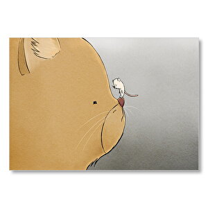 Kedi Ve Burnunun Ucundaki Fare Karikatürize  Mdf Ahşap Tablo 35x50 cm