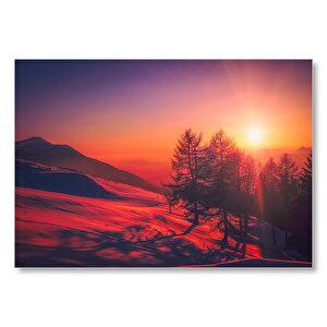 Günbatımında Karlı Tepeler Ve Ağaçlar  Mdf Ahşap Tablo 50x70 cm