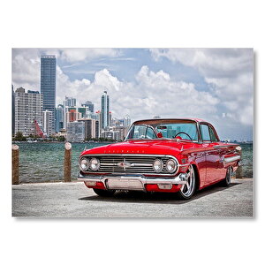 Kırmızı Chevrolet Impala Ve Gökdelenler  Mdf Ahşap Tablo 50x70 cm