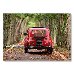 Ağaçlı Yol Yapraklar Ve Kırmızı Fiat Bis  Mdf Ahşap Tablo 25x35 cm
