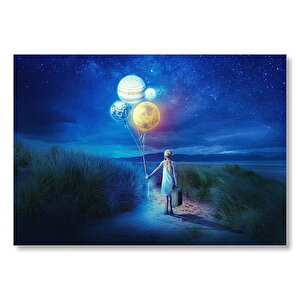 Gece Kız Ve Elinde Balon Gezegenler  Mdf Ahşap Tablo