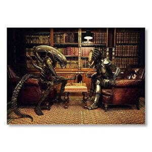 Satranç Oynayan Alien Ve Avcı  Mdf Ahşap Tablo 25x35 cm