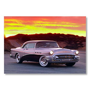 Günbatımında Issız Yol Ve Gri Buick  Mdf Ahşap Tablo 50x70 cm