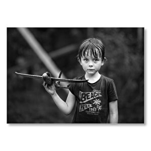 Çocuk Ve Maket Uçağı Siyah Beyaz  Mdf Ahşap Tablo 35x50 cm