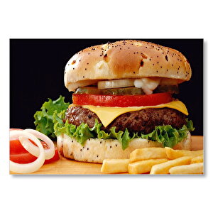 Yakın Çekim Burger Ve Patates Kızartması  Mdf Ahşap Tablo 25x35 cm