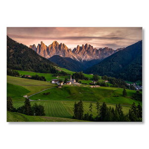 Alplerdeki Kasaba Ve Çıplak Zirveler  Mdf Ahşap Tablo 50x70 cm