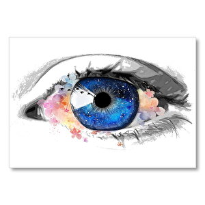 Mavi Göz Ve Çiçekler Sulu Boya  Mdf Ahşap Tablo 50x70 cm
