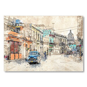 Küba Sokak Manzarası Çizim  Mdf Ahşap Tablo 35x50 cm