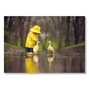 Sarı Yağmurluklu Kız Ve Ördekler  Mdf Ahşap Tablo