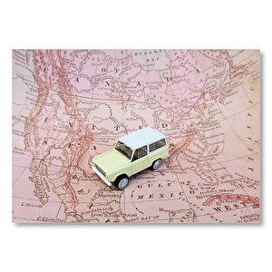 Kuzey Amerika Haritası Ve Sarı Jip  Mdf Ahşap Tablo 50x70 cm