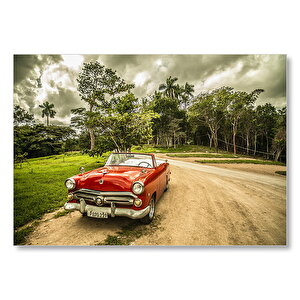 Küba'da Kırmızı Cabrio Araba Ve Ağaçlar  Mdf Ahşap Tablo 50x70 cm