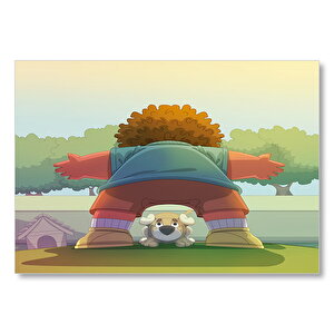 Çocuk Ve Köpeği Karikatürize  Mdf Ahşap Tablo 35x50 cm