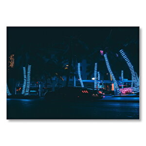 Ağaçlarda Neon Işıkları Ve Spor Araba  Mdf Ahşap Tablo 35x50 cm