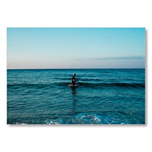 Mavi Deniz Ve Oltalı Balıkçı  Mdf Ahşap Tablo 35x50 cm